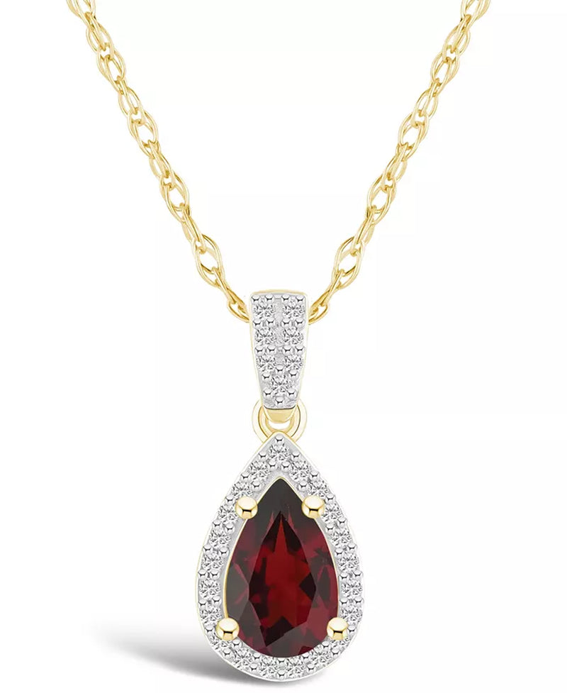 [10K] Yellow Gold Garnet (1-1/10 Ct. T.W.) & Lab Grown Sapphire (1/6 Ct. T.W.) Halo Pendant