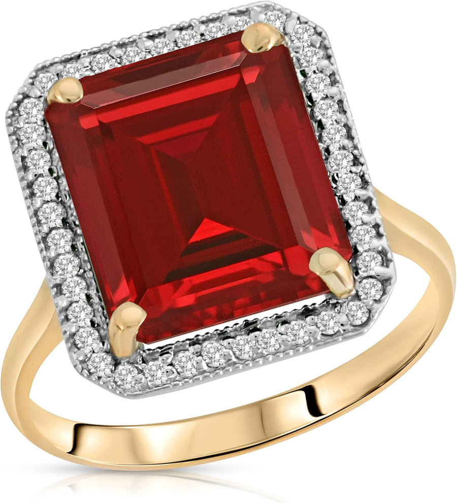 [18K, 7.45 Ct ] Yellow Gold Emerald Cut Octagon Shape Ruby Halo Diamond Ring