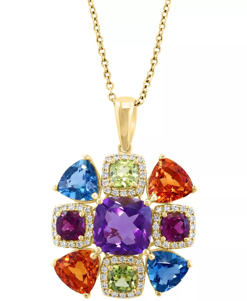 [14K] Gold Multi-Gemstone (7-1/10 Ct. T.W.) & Diamond (1/4 Ct. T.W.) Cluster Halo Pendant