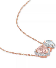 [14K] Rose Gold Morganite (1-1/10 Ct. T.W.), Aquamarine (5/8 Ct. T.W.) & Diamond (1/5 Ct. T.W.) Two-Stone Halo Necklace