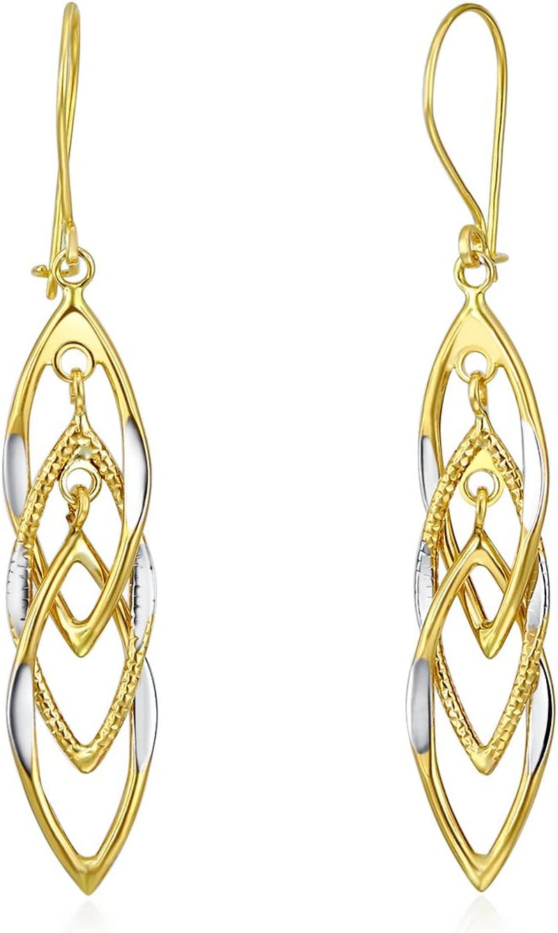 [14K, 10 X 40Mm] Two Tone White & Yellow Gold Polished Fancy Drop Earrings