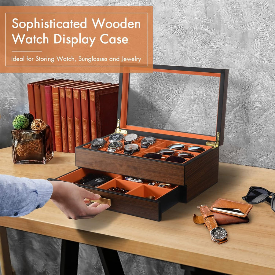 Luxury Wooden Men's Jewelry Box Organizer,  Watch Display Case Watch Holder with Drawer & Glass Lid for Sunglasses Rings Watches Storage, Gift for Men