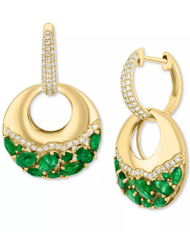 [14K] Gold Emerald (2-1/2 Ct. T.W.) & Diamond (3/8 Ct. T.W.) Dangle Hoop Earrings