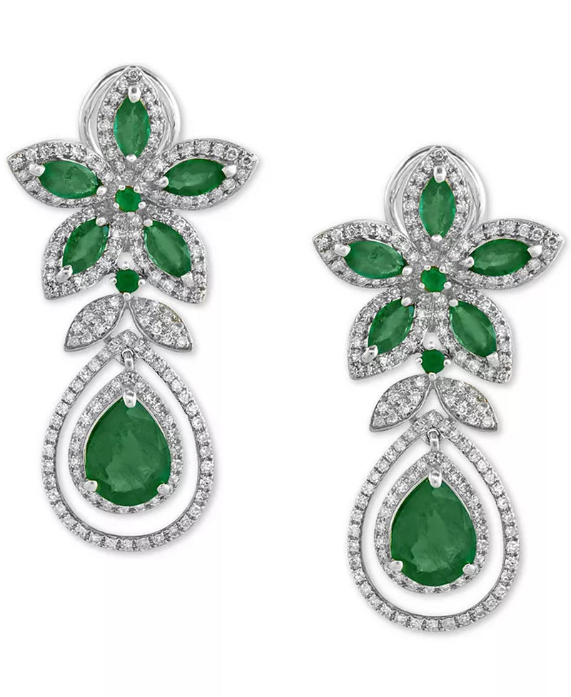 [14K] White Gold  Emerald (5-1/4 Ct. T.W.) & Diamond (1-1/4 Ct. T.W.) Teardrop Earrings