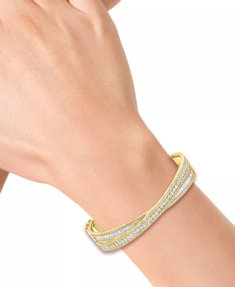 [2-1/6 Ct. T.W.] 14K Two-Tone Gold Diamond Round & Baguette Crossover Bangle Bracelet