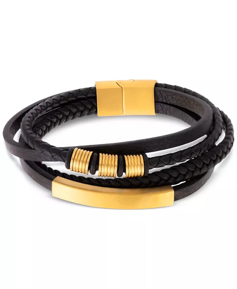 Gold-Tone Ion-Plated Stainless Steel Mens Multirow Black Fiber Bracelet