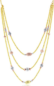 [14K] Gold Tricolor Diamond Cut Satin Beaded 3-Layer Necklace