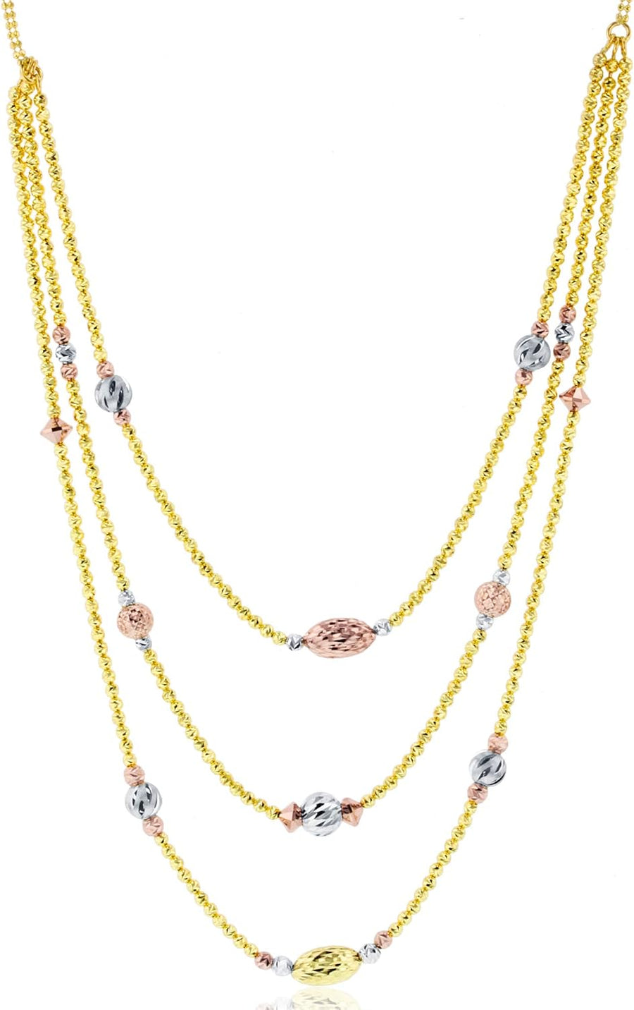 [14K] Gold Tricolor Diamond Cut Satin Beaded 3-Layer Necklace