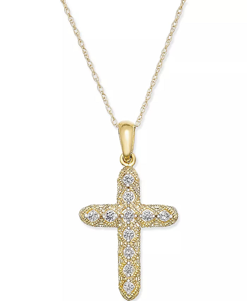 [14K, 1/7 Ct. T.W.] Gold Diamond Cross Pendant