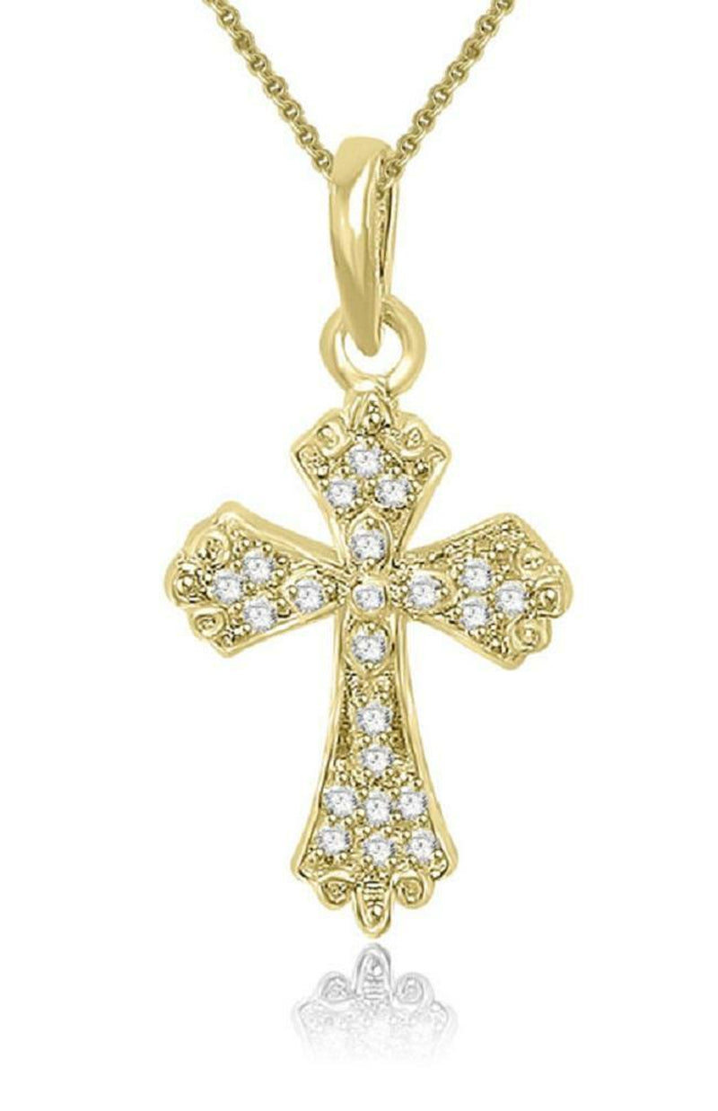 [14K, 0.35TCW]Solid Gold Round Cut Diamond Cross Pendant Necklace Bezel Set