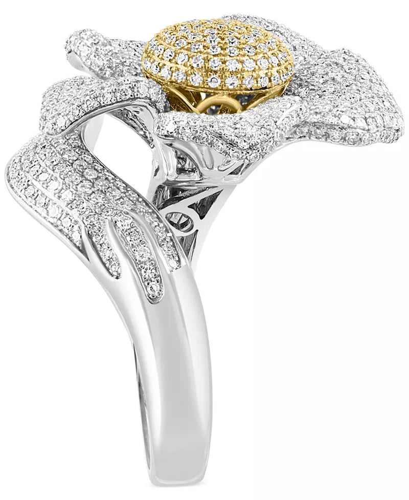 [14K, 1-5/8 Ct. T.W.] Two-Tone Gold Diamond Pavã© Large Flower Statement Ring