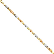 [14K] Tri 3 Color Gold Polished Diamond Cut Stampato Heart Bracelet