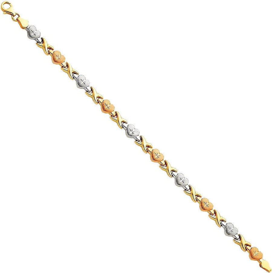 [14K] Tri 3 Color Gold Polished Diamond Cut Stampato Heart Bracelet