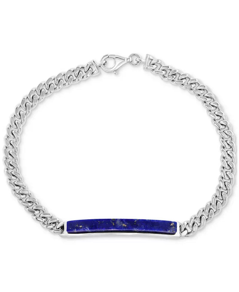 Sterling Silver Men's Lapis Lazuli Bar Curb Link Bracelet