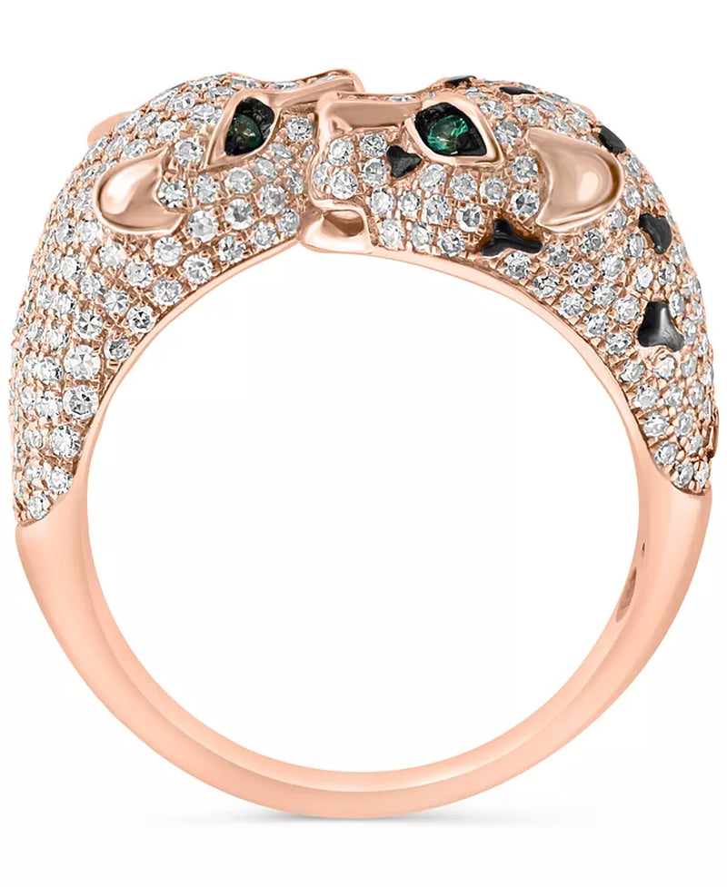 [14K] Rose Gold Diamond (1-1/20 Ct. T.W.) & Emerald (1/20 Ct. T.W.) Double Panther Head Ring