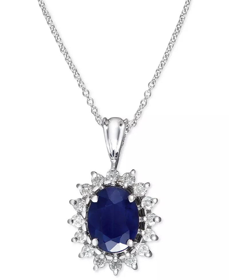 [14K] Yellow Gold Sapphire (1-9/10 Ct. T.W.) & Diamond (3/8 Ct. T.W.) Oval Necklace