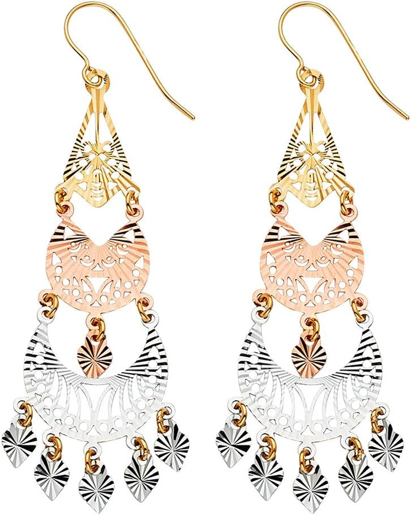 [14K] White Yellow & Rose Gold Filigree Hanging Chandelier Dangle Earrings