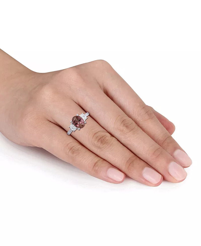 [14K] White Gold Pink Tourmaline (2 Ct. T.W.) & Diamond (5/8 Ct. T.W.) 3-Stone Ring