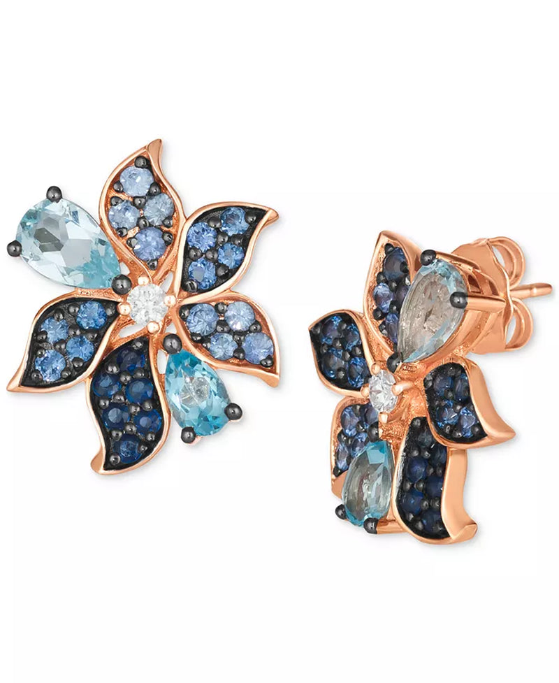 [14K] Rose Gold Multi-Gemstone (2-1/20 Ct. T.W.) & Vanilla Diamond (1/10 Ct. T.W.) Pear & Pavã© Flower Stud Earrings 