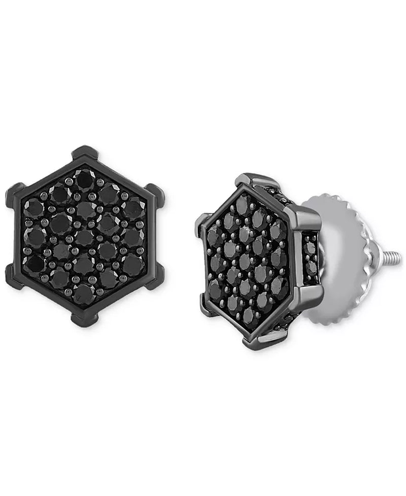 [1 Ct. T.W.] Men's Black Diamond Hexagon Cluster Screw Back Stud Earrings