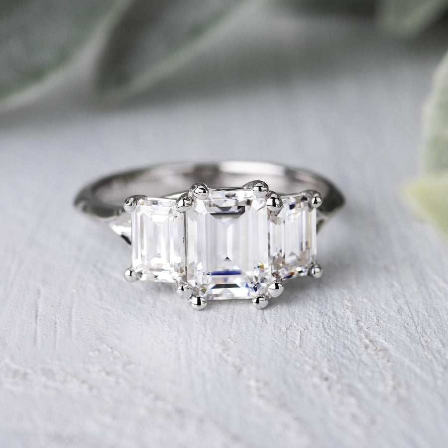 [14K, 2.91 Cttw]  White Gold with Rhodium Lab Created Moissanite Emerald Cut Engagement Ring 