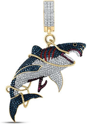 [14K, 1-1/2 Cttw] Yellow Gold Mens Round Diamond Shark Charm Pendant 