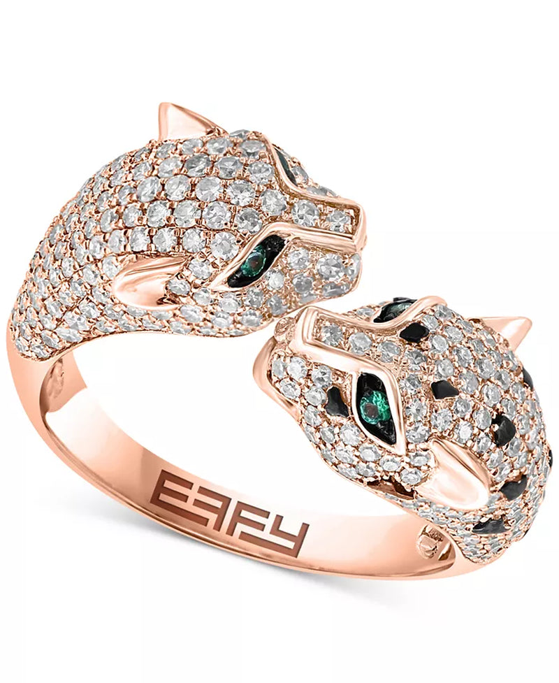 [14K] Rose Gold Diamond (1-1/20 Ct. T.W.) & Emerald (1/20 Ct. T.W.) Double Panther Head Ring