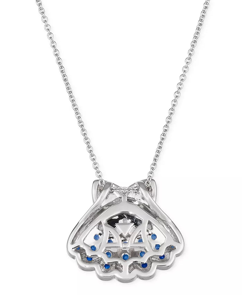 [14K] White Gold Multi-Sapphire (5/8 Ct. T.W.) & Nude Diamond (1/20 Ct. T.W.) Shell Pendant Necklace