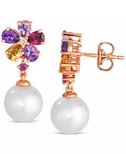 [14K] Rose Gold Vanilla Pearl (8Mm), Multi-Gemstone (1-1/4 Ct. T.W.), & Nude Diamond Drop Earrings