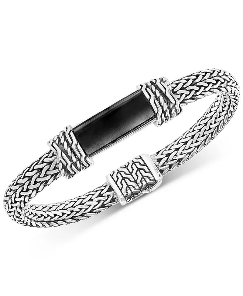 Sterling Silver Men's Onyx Woven Bracelet