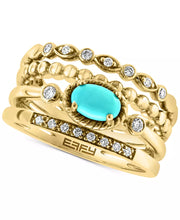 [14K, 1/6 Ct. T.W.] Gold Turquoise & Diamond Multi Row Ring