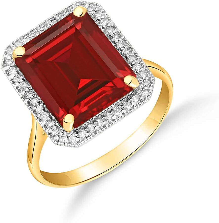 [18K, 7.45 Ct ] Yellow Gold Emerald Cut Octagon Shape Ruby Halo Diamond Ring