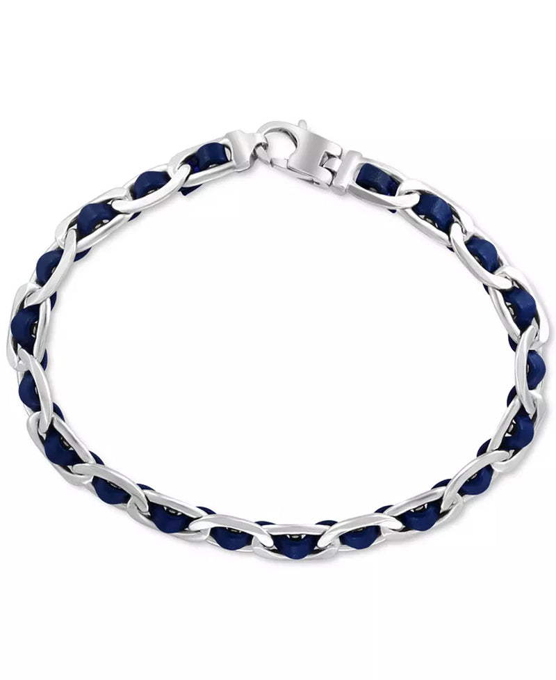 Men's Sterling Silver Blue Leather Woven Link Bracelet