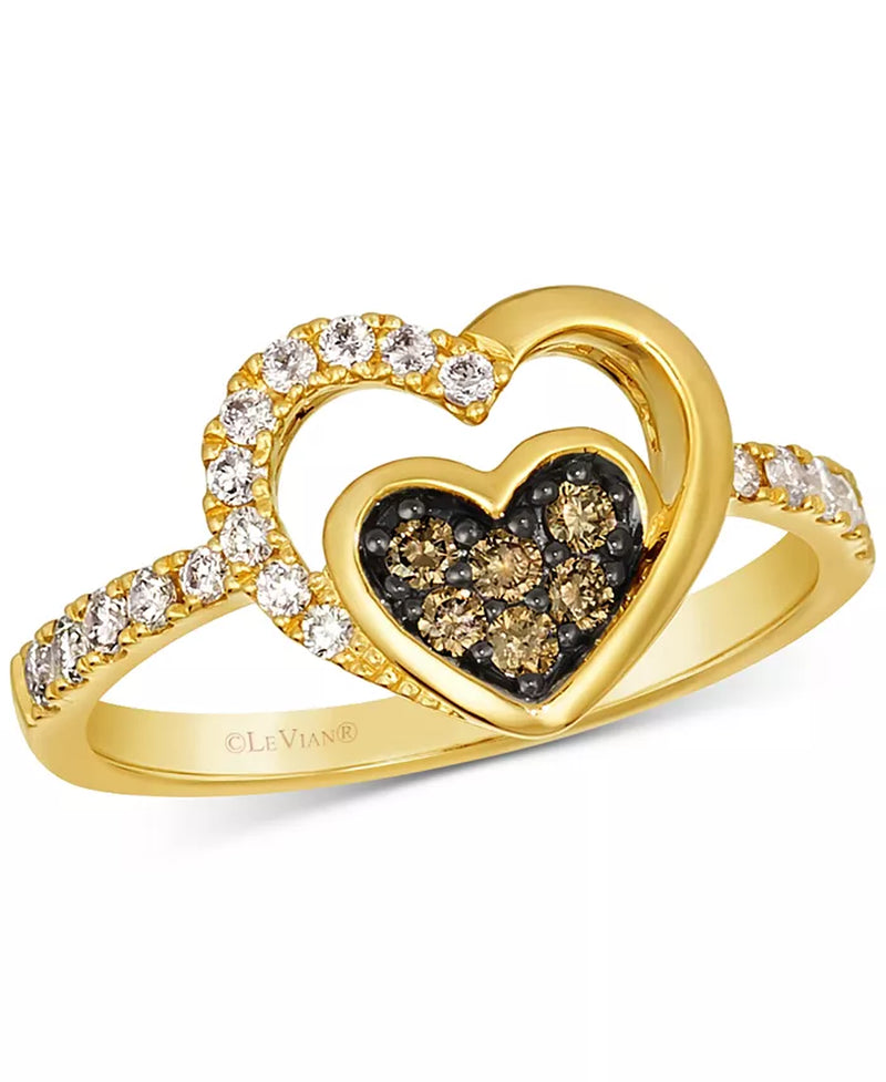 [14K, 3/8 Ct. T.W.] Gold Chocolate Diamond & Nude Diamond Double Heart Ring