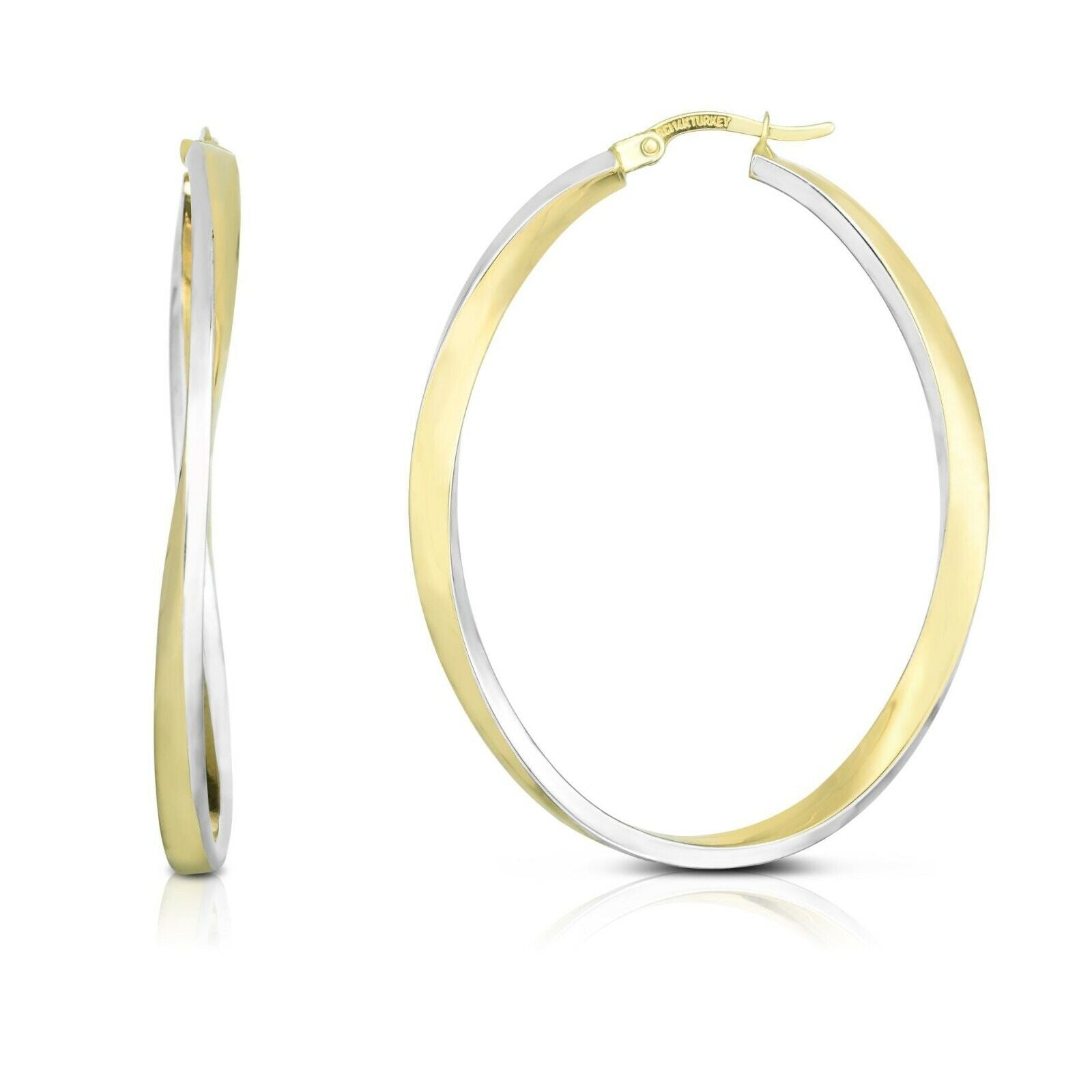 Unique Twisted Wavy Oval Hoop Earrings Real 14K Yellow White Twotone Gold