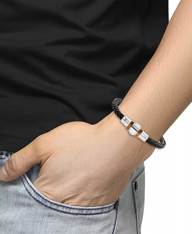 Sterling Silver Tiger's Eye Braided Leather Men's Bracelet