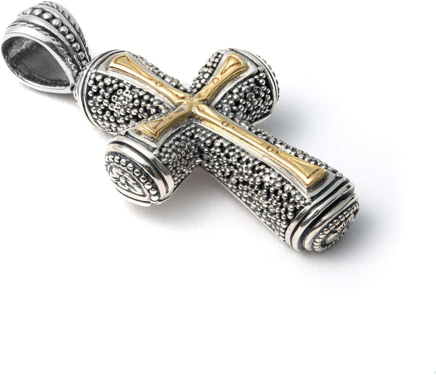 [18K] Gold & Sterling Silver Mens Cross Pendant From Stavros Collection