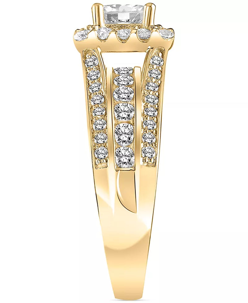 [14K, 1-1/2 Ct. T.W.] Gold Diamond Princess Halo Triple Row Engagement Ring