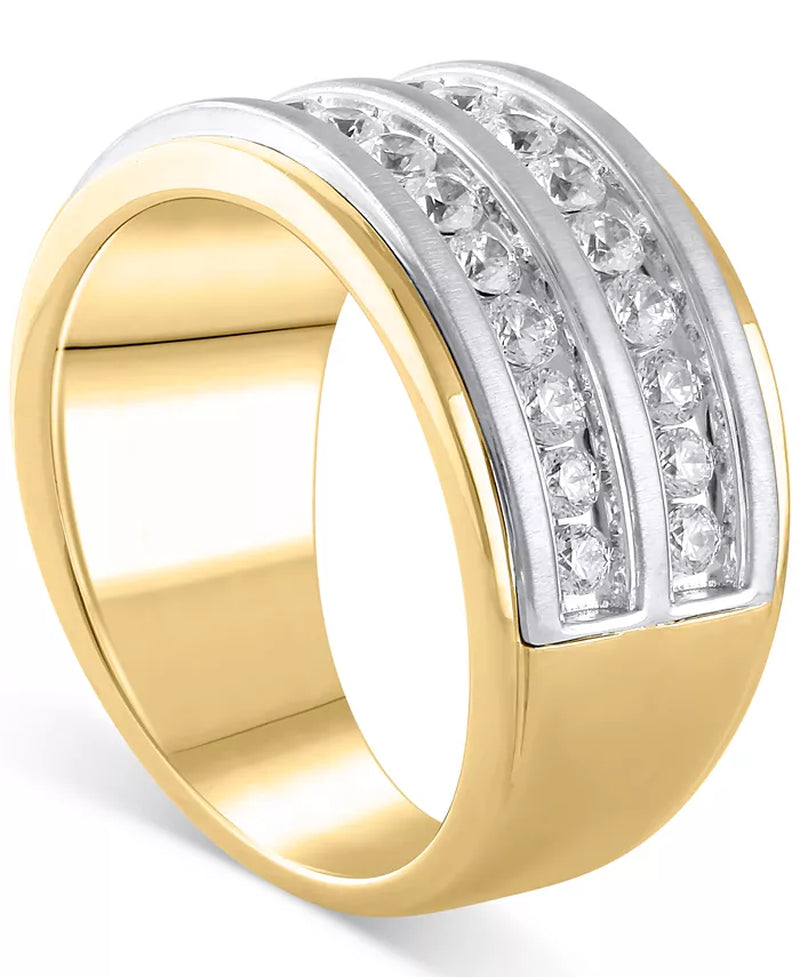 [10K, 1-1/2 Ct. T.W.] Two-Tone Gold Diamond Double Row Men's Band