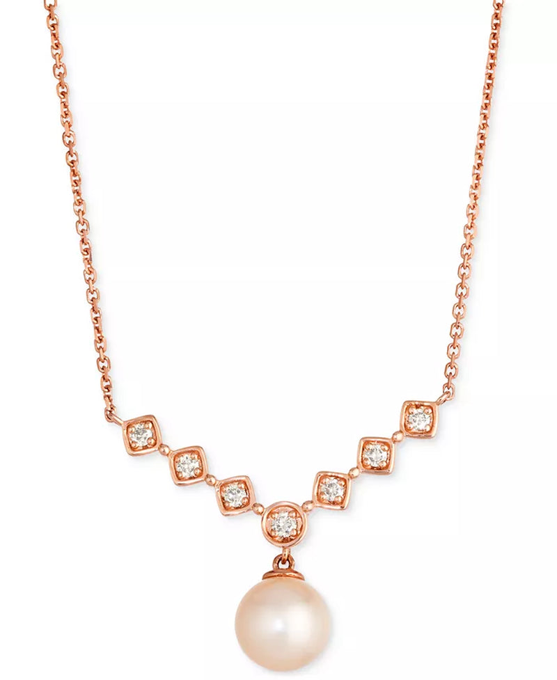 [14K, 1/5 Ct. T.W.] Rose Gold Pink Freshwater Pearl & Nude Diamond Statement Necklace