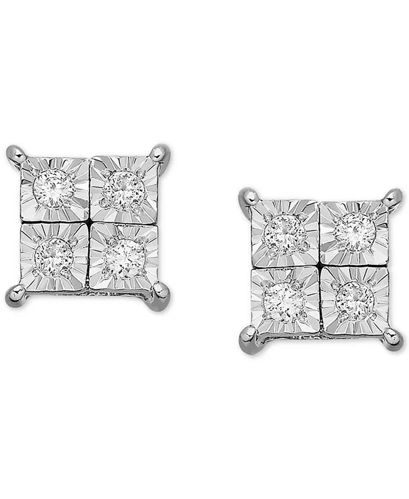 [14K] White Gold Diamond Accent Square Earrings