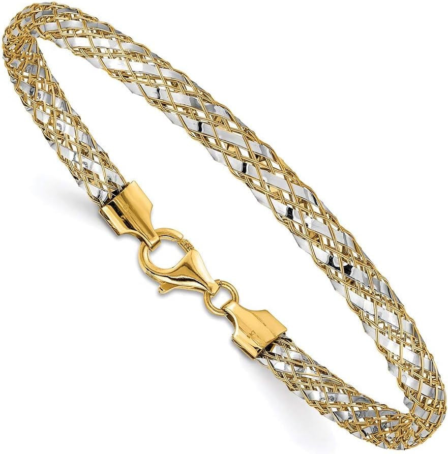 [14K, 5.3 mm] Yellow & White Gold Two-Tone Woven Mesh Bracelet With Secure Lobster Lock Clasp