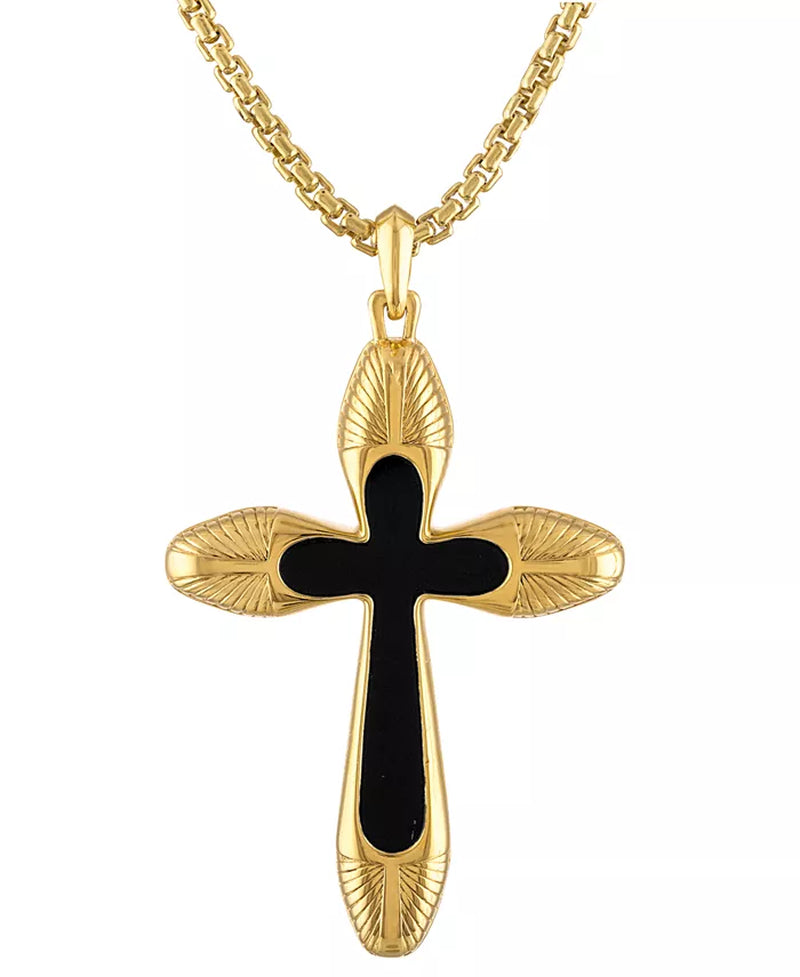 [14K] Gold-Plated Sterling Silver Black Icon Agate Cross Pendant