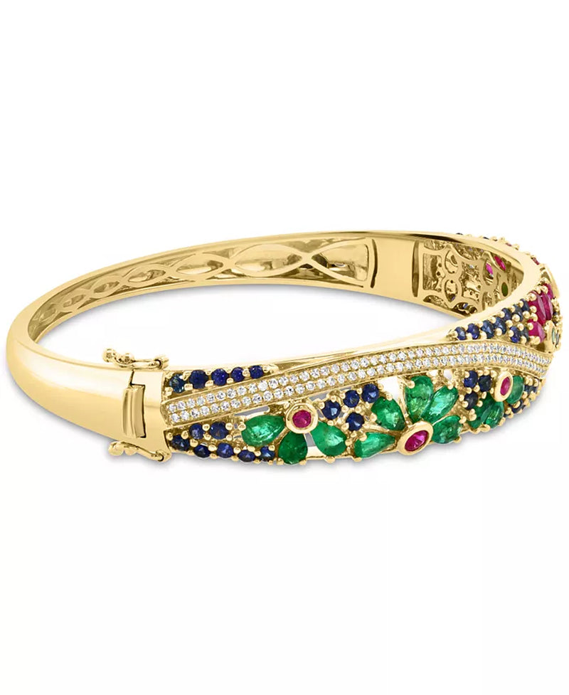 [14K] Gold Multi-Gemstone (7-1/3 Ct. T.W.) & Diamond (5/8 Ct. T.W.) Flower Scape Bangle Bracelet