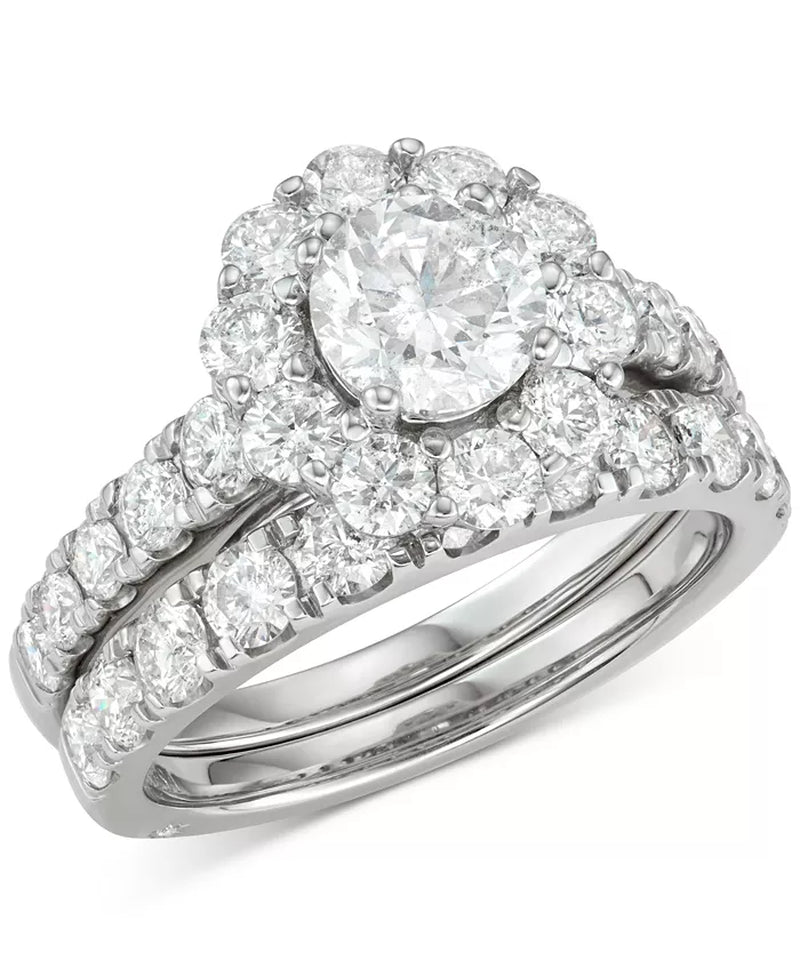 [18K, 3 Ct. T.W.] White Gold Diamond Round Halo Bridal Set