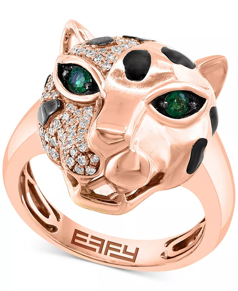 [14K, 1/3 Ct. T.W.] Rose Gold Diamond & Emerald Accent Panther Ring