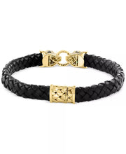 [14K] Gold White Diamond & Black Diamond (7/8 Ct. T.W.) & Emerald (1/20 Ct. T.W.) Panther Head Leather Bracelet