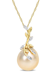 [14K] Yellow Gold Cultured Drop Shape Pearl & Diamond  Necklace