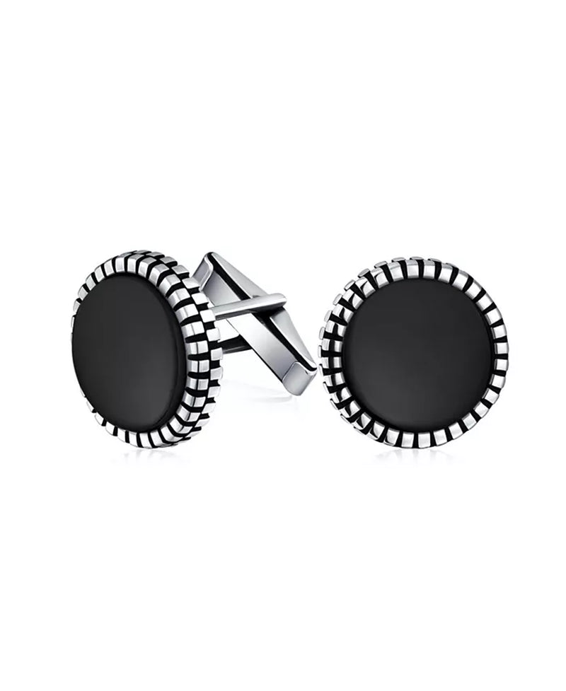 Sterling Silver Formal Geometric Blackened Pattern Edge Circle Black Onyx Cufflinks