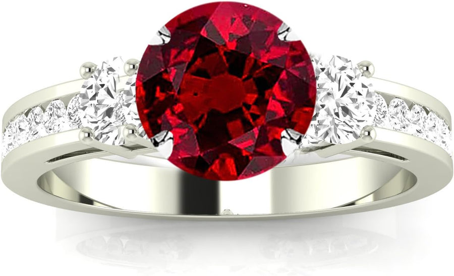 [14K, 0.5 Ct] Yellow Gold Three Stone Diamond Engagement Ring with Ruby Center